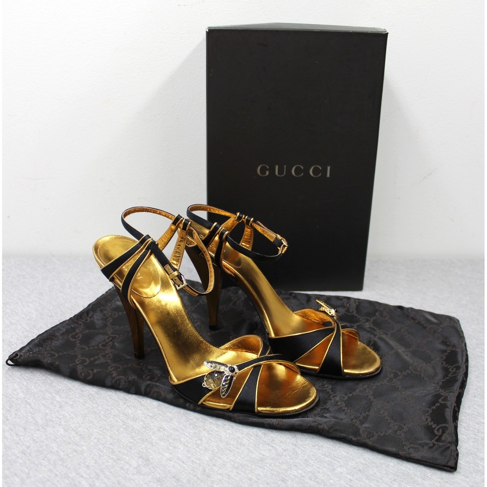 VTG Gucci Sandals Womens 8B Black Gold Raso Seta Nappa Silk Bee Stiletto Heels